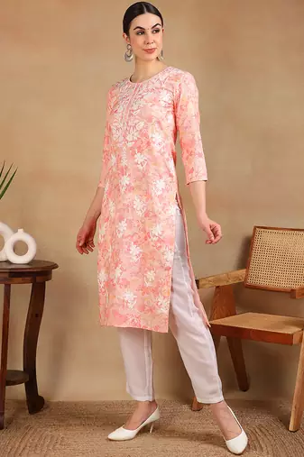 women peach cotton blend embroidered floral printed straight kurta
