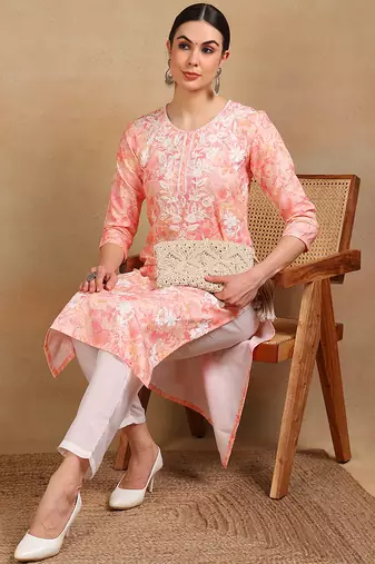 women peach cotton blend embroidered floral printed straight kurta