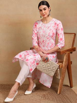 women peach cotton blend embroidered floral printed straight kurta 5