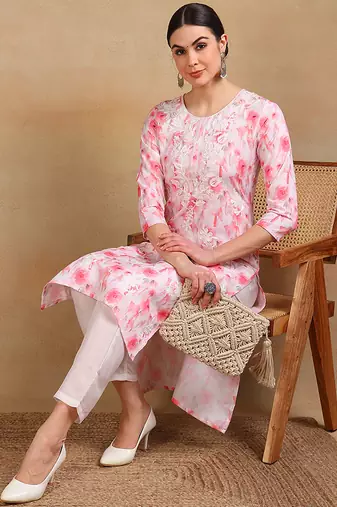 women peach cotton blend embroidered floral printed straight kurta