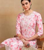 women white cotton blend embroidered ethnic printed straight kurta