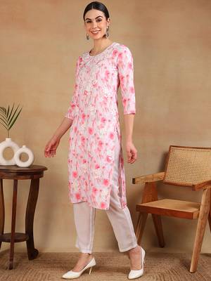 women white cotton blend embroidered ethnic printed straight kurta 2