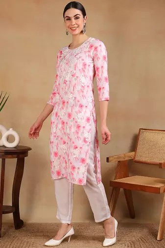 women white cotton blend embroidered ethnic printed straight kurta