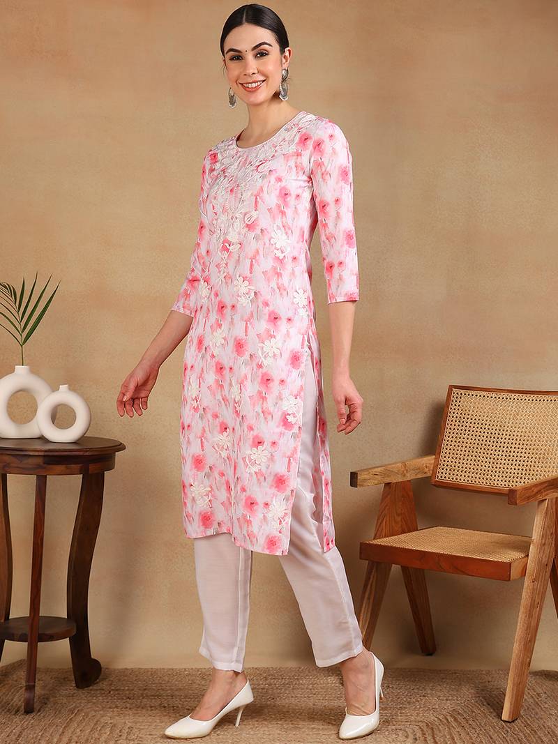 women white cotton blend embroidered ethnic printed straight kurta