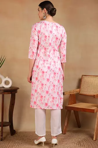 women white cotton blend embroidered ethnic printed straight kurta