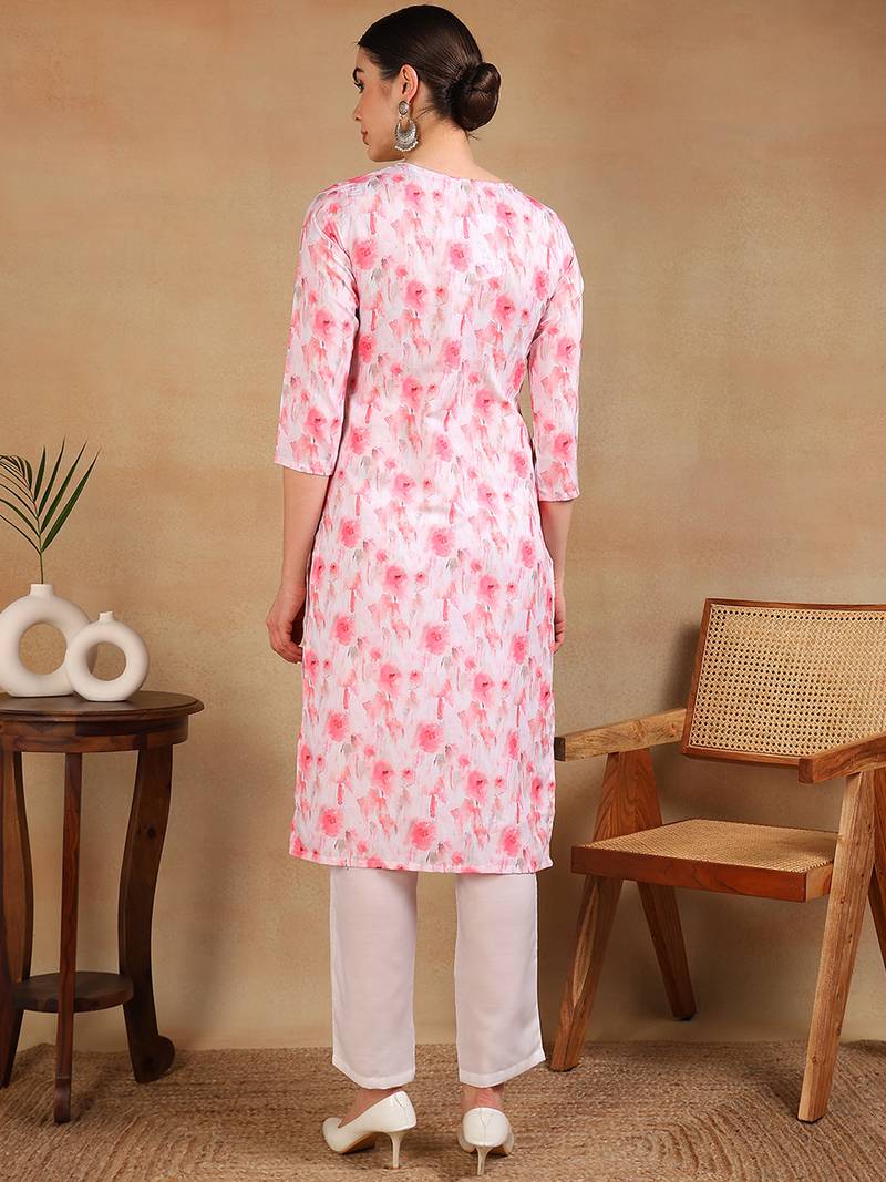 women white cotton blend embroidered ethnic printed straight kurta