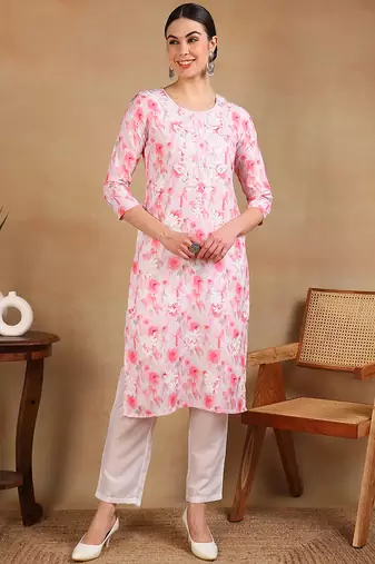 women white cotton blend embroidered ethnic printed straight kurta