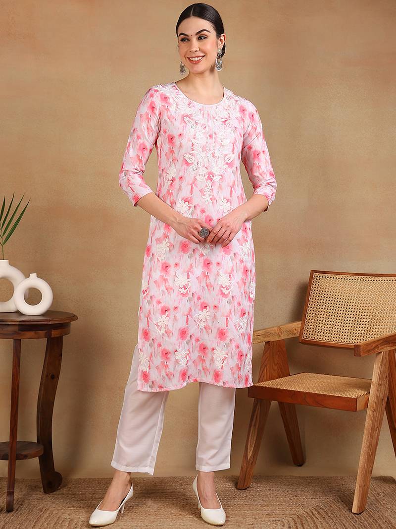 women white cotton blend embroidered ethnic printed straight kurta