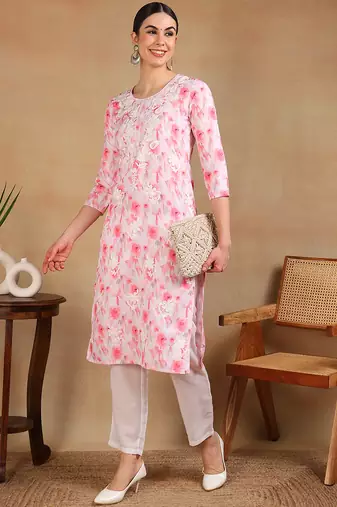 women white cotton blend embroidered ethnic printed straight kurta