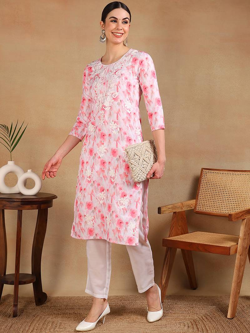 women white cotton blend embroidered ethnic printed straight kurta