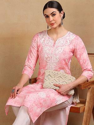 women pink cotton blend embroidered abstract printed straight kurta 1