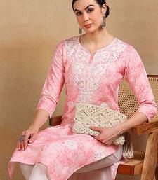 women pink cotton blend embroidered abstract printed straight kurta