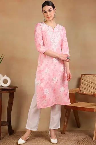 women pink cotton blend embroidered abstract printed straight kurta