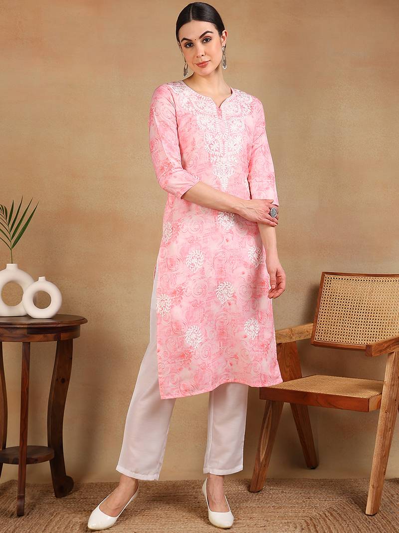 women pink cotton blend embroidered abstract printed straight kurta