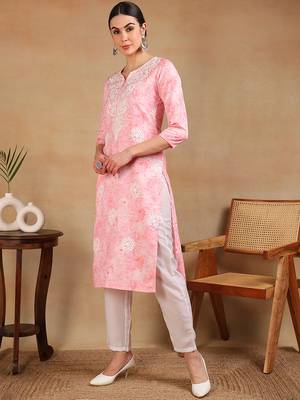 women pink cotton blend embroidered abstract printed straight kurta 3