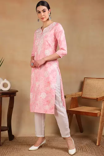 women pink cotton blend embroidered abstract printed straight kurta