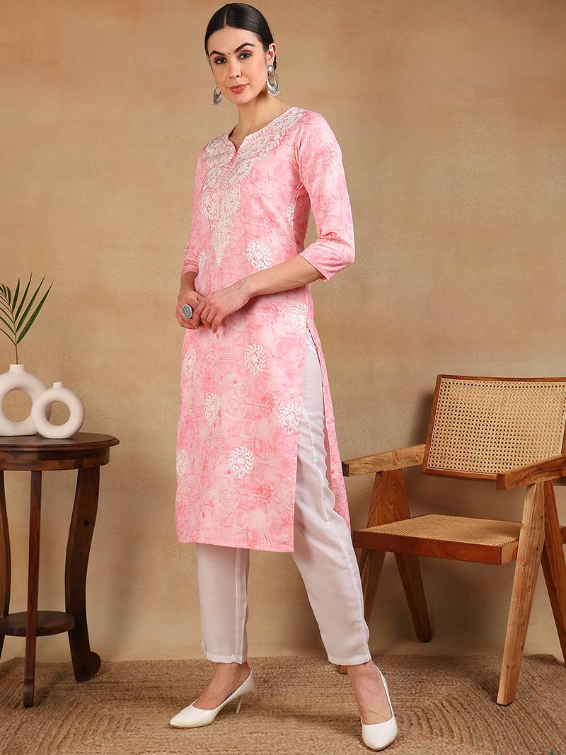 women pink cotton blend embroidered abstract printed straight kurta