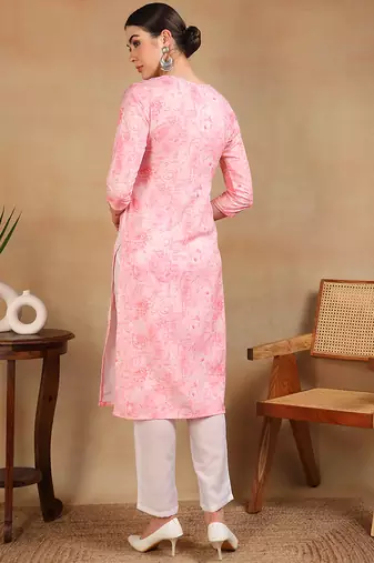 women pink cotton blend embroidered abstract printed straight kurta