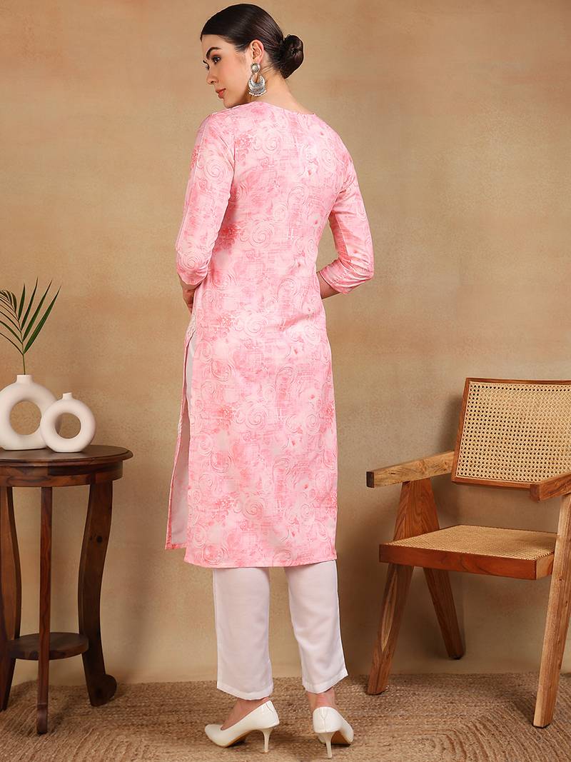 women pink cotton blend embroidered abstract printed straight kurta