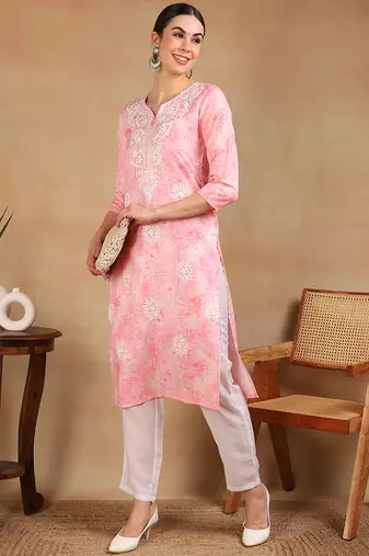 women pink cotton blend embroidered abstract printed straight kurta