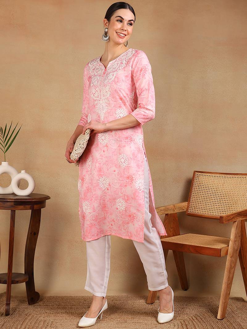 women pink cotton blend embroidered abstract printed straight kurta