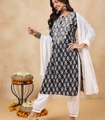 Winered woman black embroidered neck straight kurta set with dupatta