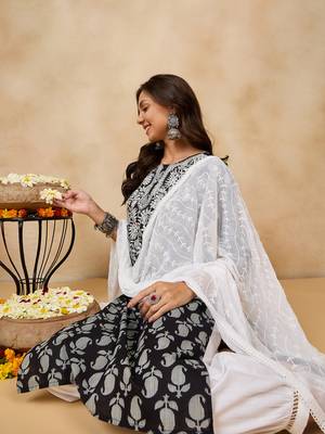 Winered woman black embroidered neck straight kurta set with dupatta 2