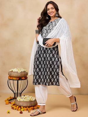 Winered woman black embroidered neck straight kurta set with dupatta 3