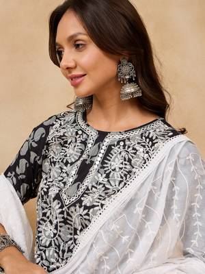 Winered woman black embroidered neck straight kurta set with dupatta 4