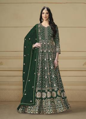 Faux georgette embroidered green anarkali salwar suit 1