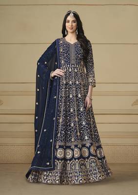 Faux georgette embroidered navy blue anarkali salwar suit 1