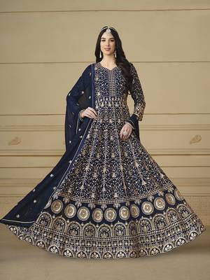 Faux georgette embroidered navy blue anarkali salwar suit 3