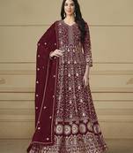 Faux georgette embroidered maroon anarkali salwar suit
