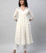 Flared kurta in cotton jamdani print with mirrorwork embellishment.