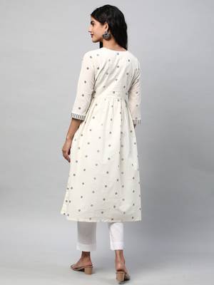 Flared kurta in cotton jamdani print with mirrorwork embellishment. 2