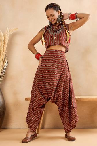 winered woman striped print crop shirt and harem pant co-ord set