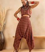 winered woman striped print crop shirt and harem pant co-ord set