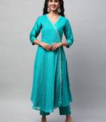 Silk blend kurta with embroidered lace and tassels detail(blue).