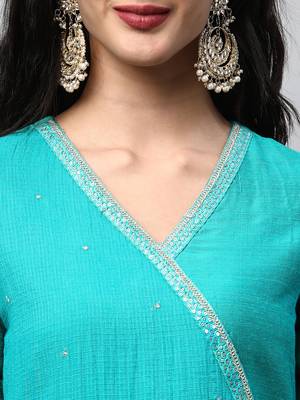 Silk blend kurta with embroidered lace and tassels detail(blue). 5