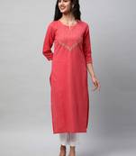 A straight kurta with machine embroidery at the center and sleeve.
