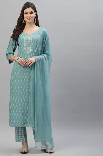 Stylum women's aqua floral printed rayon kurta pant dupatta set