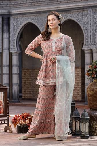 Stylum women's peach floral printed rayon kurta sharara dupatta set