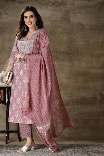 Stylum women's mauve printed & embroidered rayon straight kurta pant dupatta set
