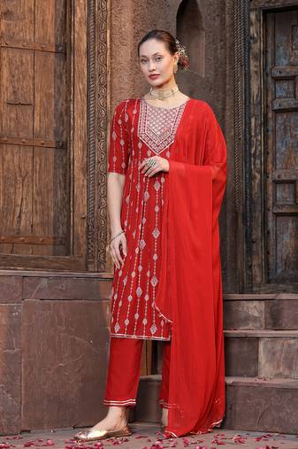 Stylum women's red printed & embroidered naira cut kurta pant dupatta set
