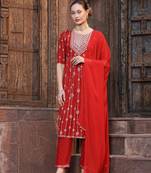 Stylum women's red printed & embroidered naira cut kurta pant dupatta set