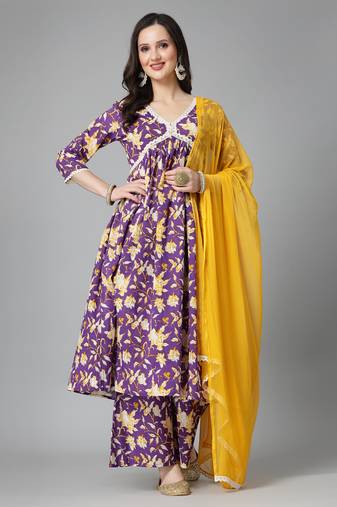 Stylum women's violet floral printed cotton pleated kurta palazzo dupatta set