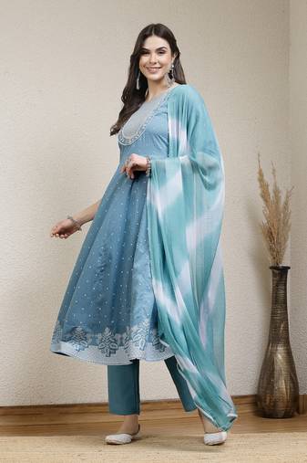 Stylum women's sky blue printed & embroidered cotton anarkali kurta pant dupatta set
