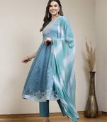 Stylum women's sky blue printed & embroidered cotton anarkali kurta pant dupatta set