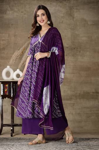 Stylum women's violet bandhej printed rayon naira cut kurta palazzo dupatta set