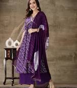 Stylum women's violet bandhej printed rayon naira cut kurta palazzo dupatta set